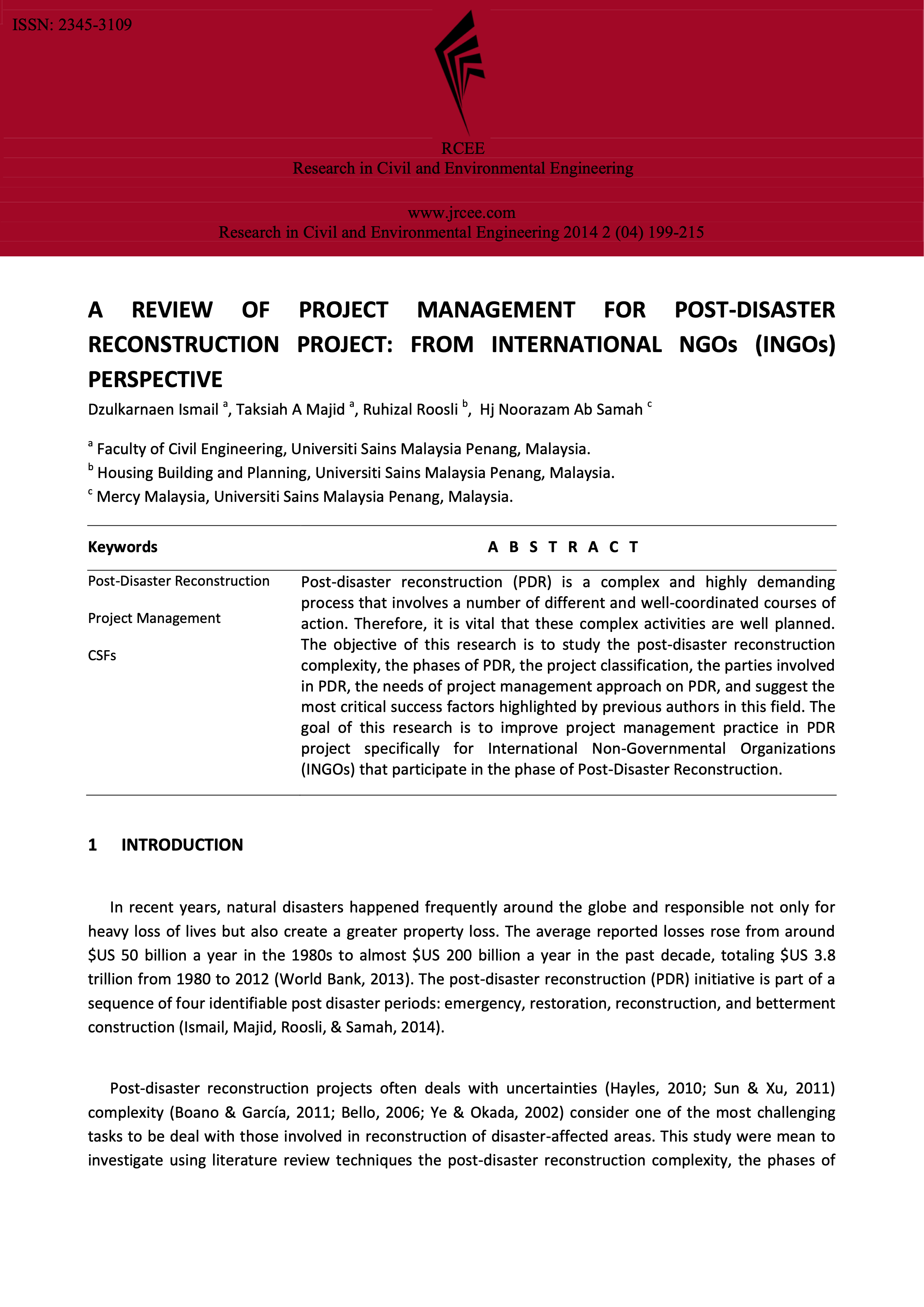 A review of project management for post-disaster reconstruction project